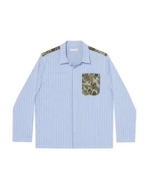 Casual Blue Striped Shirt with Camo Patch