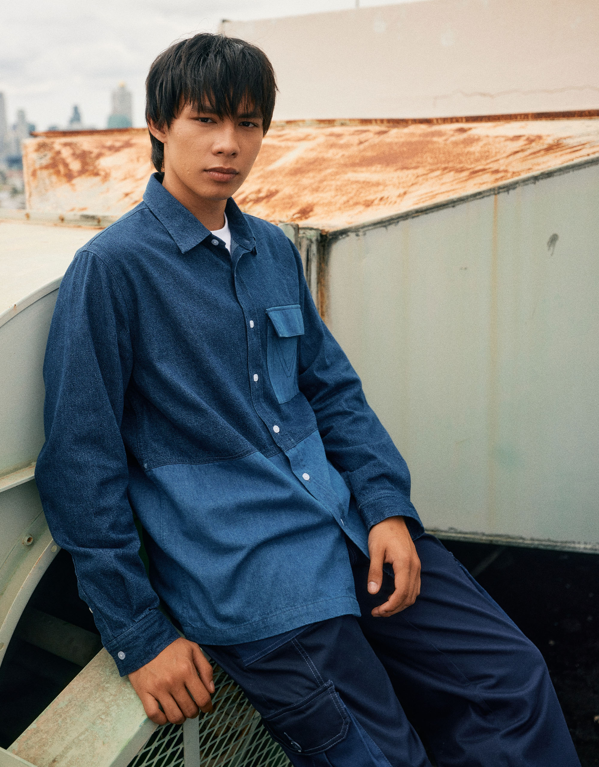 Washed Denim Patchwork Shirt - Image 5